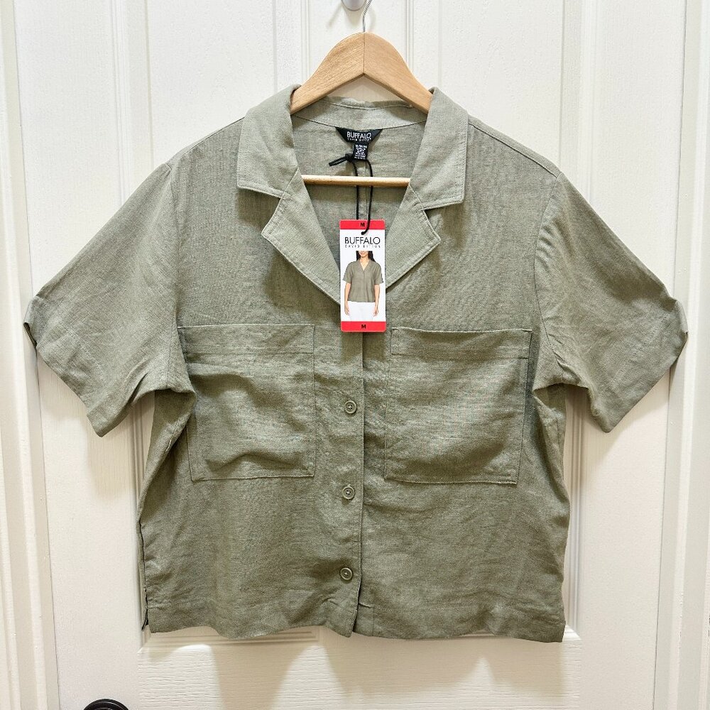 Buffalo Women's Linen Blend Button Up Shirt Top Size M Light Olive Casual NEW